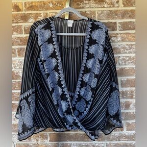 Chico's Black and White Surplice Paisley & Striped Blouse, Size 3/XL